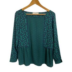 LOFT Navy Green Floral Long Sleeve Peplum Top Boho Peasant Feminine Size‎ Small